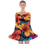 Hibiscus Flowers Colorful Vibrant Tropical Garden Bright Saturated Nature Long Sleeve Skater Dress