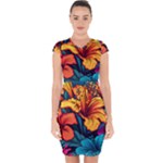 Hibiscus Flowers Colorful Vibrant Tropical Garden Bright Saturated Nature Capsleeve Drawstring Dress 