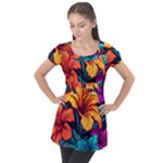 Hibiscus Flowers Colorful Vibrant Tropical Garden Bright Saturated Nature Puff Sleeve Tunic Top