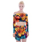 Hibiscus Flowers Colorful Vibrant Tropical Garden Bright Saturated Nature Off Shoulder Top with Mini Skirt Set