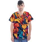 Hibiscus Flowers Colorful Vibrant Tropical Garden Bright Saturated Nature Men s V-Neck Scrub Top