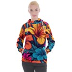 Hibiscus Flowers Colorful Vibrant Tropical Garden Bright Saturated Nature Women s Hooded Pullover