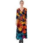 Hibiscus Flowers Colorful Vibrant Tropical Garden Bright Saturated Nature Button Up Boho Maxi Dress