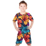 Hibiscus Flowers Colorful Vibrant Tropical Garden Bright Saturated Nature Kids  T-Shirt and Shorts Set