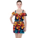 Hibiscus Flowers Colorful Vibrant Tropical Garden Bright Saturated Nature Ruffle Cut Out Chiffon Playsuit