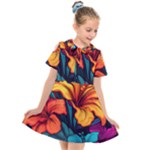 Hibiscus Flowers Colorful Vibrant Tropical Garden Bright Saturated Nature Kids  Short Sleeve Shirt Dress