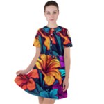 Hibiscus Flowers Colorful Vibrant Tropical Garden Bright Saturated Nature Short Sleeve Shoulder Cut Out Dress 