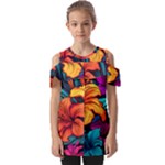 Hibiscus Flowers Colorful Vibrant Tropical Garden Bright Saturated Nature Fold Over Open Sleeve Top