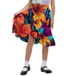 Hibiscus Flowers Colorful Vibrant Tropical Garden Bright Saturated Nature Kids  Ruffle Flared Wrap Midi Skirt