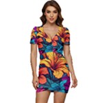 Hibiscus Flowers Colorful Vibrant Tropical Garden Bright Saturated Nature Low Cut Cap Sleeve Mini Dress