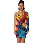 Hibiscus Flowers Colorful Vibrant Tropical Garden Bright Saturated Nature Long Sleeve One Shoulder Mini Dress