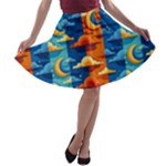 Clouds Stars Sky Moon Day And Night Background Wallpaper A-line Skater Skirt