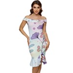 Flower Paint Flora Nature Plant Off Shoulder Ruffle Split Hem Bodycon Dress