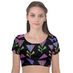 Abstract Pattern Flora Flower Velvet Short Sleeve Crop Top 