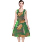 Leaves Foliage Pattern Oak Autumn V-Neck Midi Sleeveless Dress 