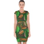 Leaves Foliage Pattern Oak Autumn Capsleeve Drawstring Dress 