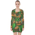 Leaves Foliage Pattern Oak Autumn V-neck Bodycon Long Sleeve Dress