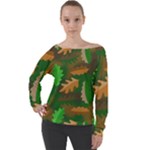 Leaves Foliage Pattern Oak Autumn Off Shoulder Long Sleeve Velour Top