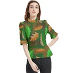 Leaves Foliage Pattern Oak Autumn Frill Neck Blouse