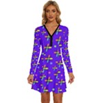 Abstract Background Cross Hashtag Long Sleeve Deep V Mini Dress 