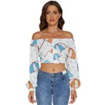 Rain Umbrella Pattern Water Long Sleeve Crinkled Weave Crop Top