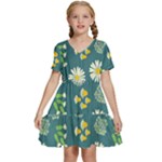 Drawing Flowers Meadow White Kids  Short Sleeve Tiered Mini Dress