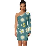 Drawing Flowers Meadow White Long Sleeve One Shoulder Mini Dress