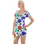 Bloom Plant Flowering Pattern Short Sleeve Asymmetric Mini Dress