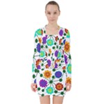 Bloom Plant Flowering Pattern V-neck Bodycon Long Sleeve Dress