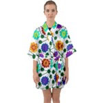 Bloom Plant Flowering Pattern Half Sleeve Satin Kimono 