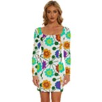 Bloom Plant Flowering Pattern Long Sleeve Square Neck Bodycon Velvet Dress