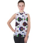 Fish Abstract Colorful Mock Neck Chiffon Sleeveless Top