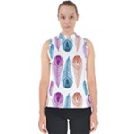 Pen Peacock Colors Colored Pattern Mock Neck Shell Top