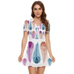 Pen Peacock Colors Colored Pattern V-Neck High Waist Chiffon Mini Dress