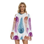 Pen Peacock Colors Colored Pattern Round Neck Long Sleeve Bohemian Style Chiffon Mini Dress