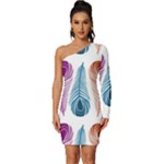 Pen Peacock Colors Colored Pattern Long Sleeve One Shoulder Mini Dress