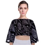 Leaves Flora Black White Nature Tie Back Butterfly Sleeve Chiffon Top