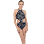 Leaves Flora Black White Nature Halter Side Cut Swimsuit