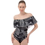 Leaves Flora Black White Nature Off Shoulder Velour Bodysuit 