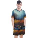 Wildflowers Field Outdoors Clouds Trees Cover Art Storm Mysterious Dream Landscape Men s Mesh T-Shirt and Shorts Set