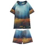Wildflowers Field Outdoors Clouds Trees Cover Art Storm Mysterious Dream Landscape Kids  Swim T-Shirt and Shorts Set