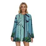 Nature Outdoors Night Trees Scene Forest Woods Light Moonlight Wilderness Stars Round Neck Long Sleeve Bohemian Style Chiffon Mini Dress