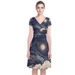 Starry Sky Moon Space Cosmic Galaxy Nature Art Clouds Art Nouveau Abstract Short Sleeve Front Wrap Dress