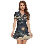 Starry Sky Moon Space Cosmic Galaxy Nature Art Clouds Art Nouveau Abstract V-Neck High Waist Chiffon Mini Dress