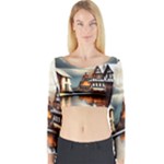 Village Reflections Snow Sky Dramatic Town House Cottages Pond Lake City Long Sleeve Crop Top