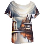 Village Reflections Snow Sky Dramatic Town House Cottages Pond Lake City Women s Oversized T-Shirt