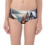 Village Reflections Snow Sky Dramatic Town House Cottages Pond Lake City Mid-Waist Bikini Bottoms