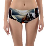 Village Reflections Snow Sky Dramatic Town House Cottages Pond Lake City Reversible Mid-Waist Bikini Bottoms