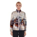 Village Reflections Snow Sky Dramatic Town House Cottages Pond Lake City Women s Bomber Jacket