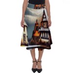 Village Reflections Snow Sky Dramatic Town House Cottages Pond Lake City Perfect Length Midi Skirt